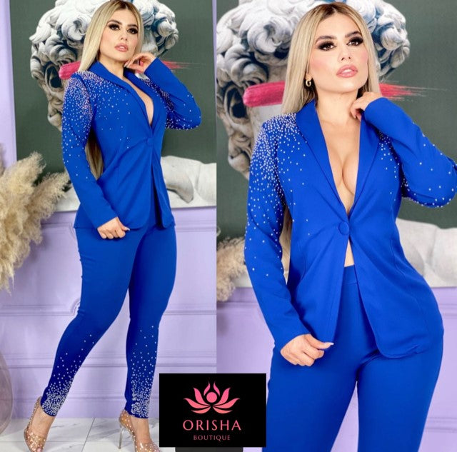 Set blazer azul con pedreria